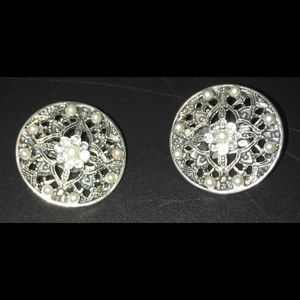 Metallic Disc Mini Faux Pearl/Rhinestone Earrings